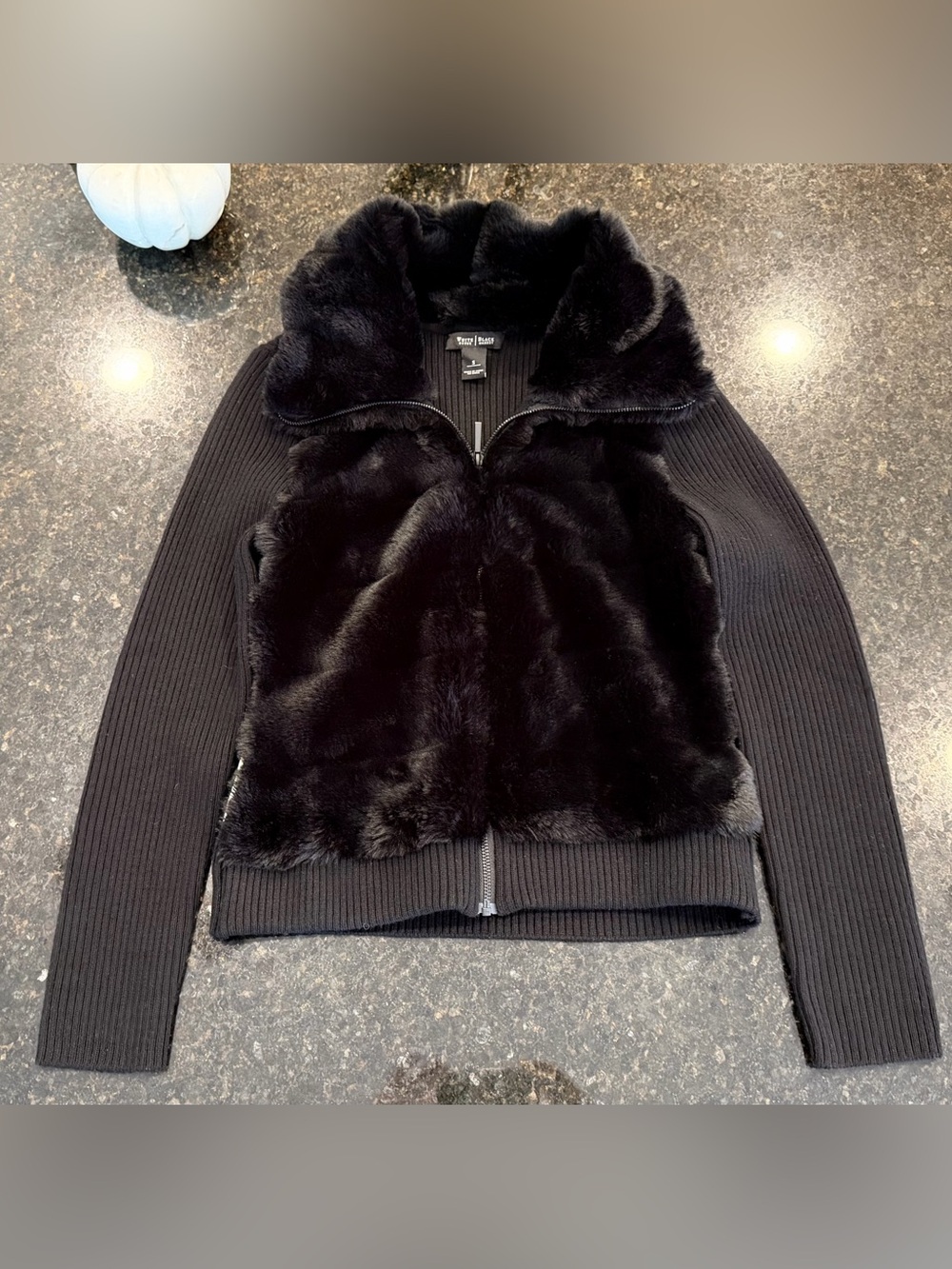 White House Black Market Black Faux Fur & Knit Zip Sweater Women